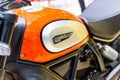 Closeup - Logo `DUCATI Scrambler` Motorcycle Ducati Monster at International Motor Show