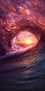 Closeup Look of Ocean Waves Tube in Dark Purple Sunset with Sun Inside Wave. Generative ai