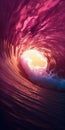 Closeup Look of Ocean Waves Tube in Dark Purple Sunset with Sun Inside Wave. Generative ai