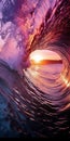 Closeup Look of Ocean Waves Tube in Dark Purple Sunset with Sun Inside Wave. Generative ai