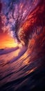 Closeup Look of Ocean Waves Tube in Dark Purple Sunset with Sun Inside Wave. Generative ai