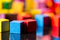 Closeup, lots of colorful toy blocks