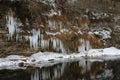 Closeup of lots of icicles, river in winter Royalty Free Stock Photo