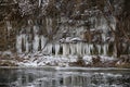 Closeup of lots of icicles, river in winter Royalty Free Stock Photo