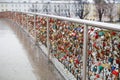 Closeup of love lockers at famous bridge Makartsteg in Salzburg, Austria. Padlocks of love on a bridge Royalty Free Stock Photo