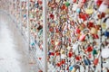 Closeup of love lockers at famous bridge Makartsteg in Salzburg, Austria. Padlocks of love on a bridge Royalty Free Stock Photo