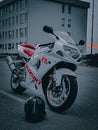 Closeup of a luxury motorcycle parked on a street