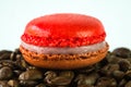 Closeup of macaroon on a pile of coffee bean