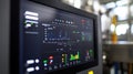 A closeup of a machine interface screen displaying realtime data analytics with graphs and metrics visualizing the