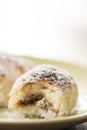 Closeup macro baked rolls with coconut served on the plate