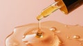 closeup macro photograph of peach fuzz ambercolored liquidfilled pipette on a wooden table, showcasing a beautiful