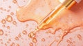 closeup macro photograph of peach fuzz ambercolored liquidfilled pipette on a wooden table, showcasing a beautiful