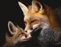 closeup macro photography of a mother fox nuzzling her baby fox Royalty Free Stock Photo