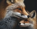closeup macro photography of a mother fox nuzzling her baby fox Royalty Free Stock Photo