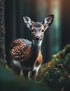 Portrait of a deer fawn in dark forest macro photography Royalty Free Stock Photo