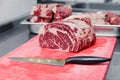 Closeup macro pieces ribeye marbled beef steak with knife on red plastic cutting board on metal table in restaurant kitchen.