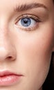 Closeup macro portrait of female face and blue eye. Human woman Royalty Free Stock Photo