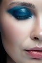 Closeup macro portrait of female face with closed eyes. Human woman half-face with evening beauty makeup. Royalty Free Stock Photo