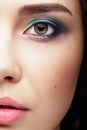 Closeup macro portrait of female face. Human woman half-face  with evening beauty makeup Royalty Free Stock Photo