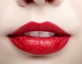 Closeup macro portrait of female part of face. Human woman lips with day beauty makeup. Girl with perfect plump lips shape