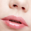 Closeup macro portrait of female part of face. Human woman lips with day beauty makeup Royalty Free Stock Photo