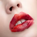 Human woman lips with unusual alyapy beauty makeup. Girl with perfect lips shape