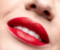 Closeup macro portrait of female red smiling lips with day beauty makeup Royalty Free Stock Photo