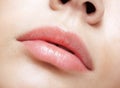 Closeup macro portrait of female red smiling lips with day beauty makeup Royalty Free Stock Photo