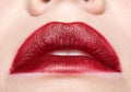 Closeup macro portrait of female red smiling lips with day beauty makeup Royalty Free Stock Photo