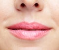 Closeup macro portrait of woman smiling lips with day beauty makeup Royalty Free Stock Photo