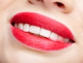 Closeup macro portrait of woman smiling red lips with day beauty makeup Royalty Free Stock Photo