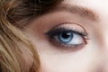 Closeup macro shot of blue human female eye. Woman with natural face beauty makeup Royalty Free Stock Photo