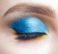 Closed human female eye with blue smoky eyes shadows and yellow liner Royalty Free Stock Photo