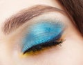 Closed human female eye with blue smoky eyes shadows and yellow liner Royalty Free Stock Photo