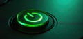 Closeup macro shot of green power button glowing on electronic device. Digital icon for start stop, switch on off. Technology and Royalty Free Stock Photo