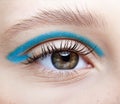 Closeup macro shot of human female eye and with blue smoky eyes shadows Royalty Free Stock Photo