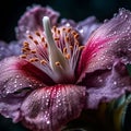 Closeup macro shot of a rose of Sharon, covered in morning dew, AI-generated.