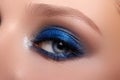 Closeup Macro of Woman Face with Blue Eyes Make-up. Fashion Celebrate Makeup, Glowy Clean Skin, perfect Shapes of Brows Royalty Free Stock Photo