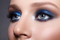 Closeup Macro of Woman Face with Blue Eyes Make-up. Fashion Celebrate Makeup, Glowy Clean Skin, perfect Shapes of Brows