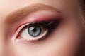 Closeup Macro of Woman Face with Eyes Make-up. Fashion Celebrate Makeup, Glowy Clean Skin. Summer Pink Eyeshadows Royalty Free Stock Photo