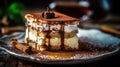 A closeup magazine quality shot of a beautifully layered tiramisu with creamy mascarpone and dusted cocoa AI Generated