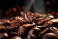 Closeup magic coffee beans take flight, creating a captivating spectacle