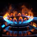 Closeup magic gas burner emits mesmerizing blue orange flames in vivid illustration