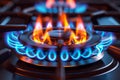 Closeup magic gas burner emits mesmerizing blue orange flames in vivid illustration