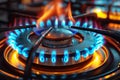 Closeup magic gas burner emits mesmerizing blue orange flames in vivid illustration