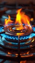 Closeup magic gas burner emits mesmerizing blue orange flames in vivid illustration