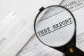 Closeup of magnifying glass on test report Royalty Free Stock Photo