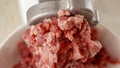 Closeup of making minced meat in electric grinder at home. Cooking at home, kitchen appliance, healthy nutrition, hamburger Royalty Free Stock Photo