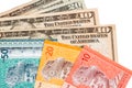 Closeup of Malaysia Ringgit and American US Dollar Royalty Free Stock Photo