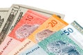 Closeup of Malaysia Ringgit and American US Dollar Royalty Free Stock Photo